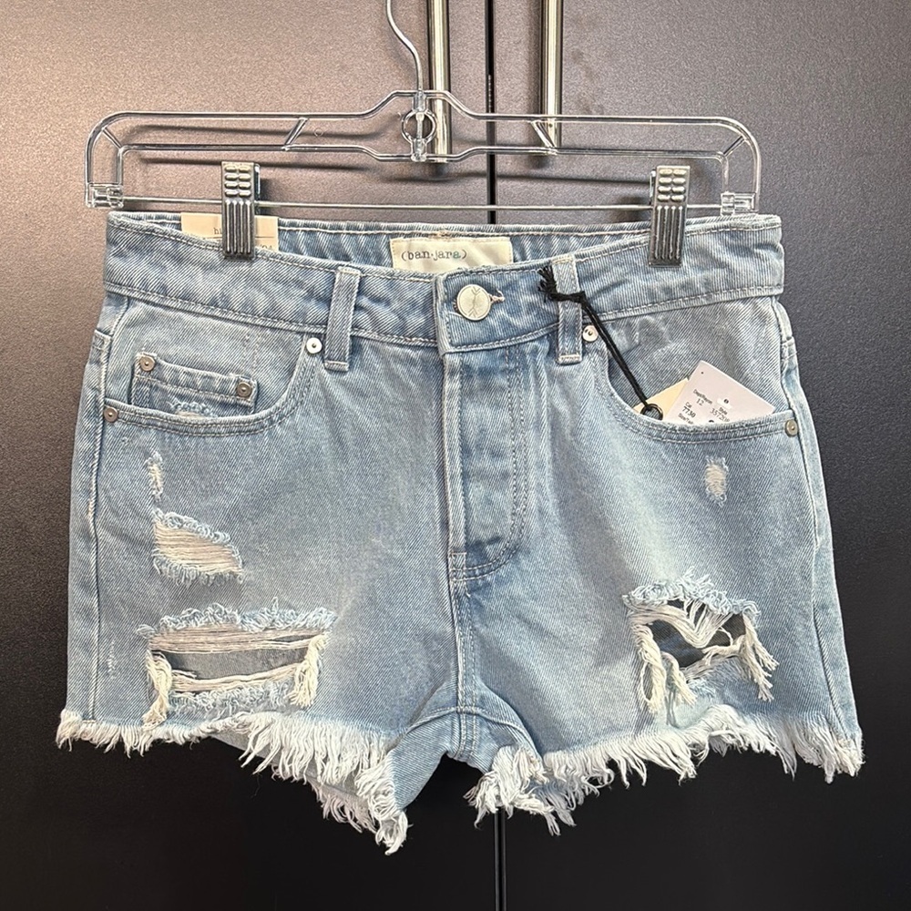 Ban-Jara high rise loose fit, button fly, distressed ripped fringe 5 pocket,belt
